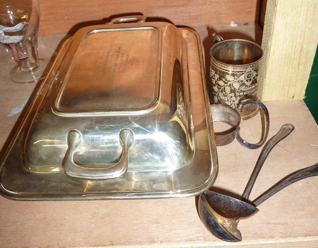 Silver plated entree dish with engraved lid 'Presented To Miss D.N. Kitchen By The Staff Of The