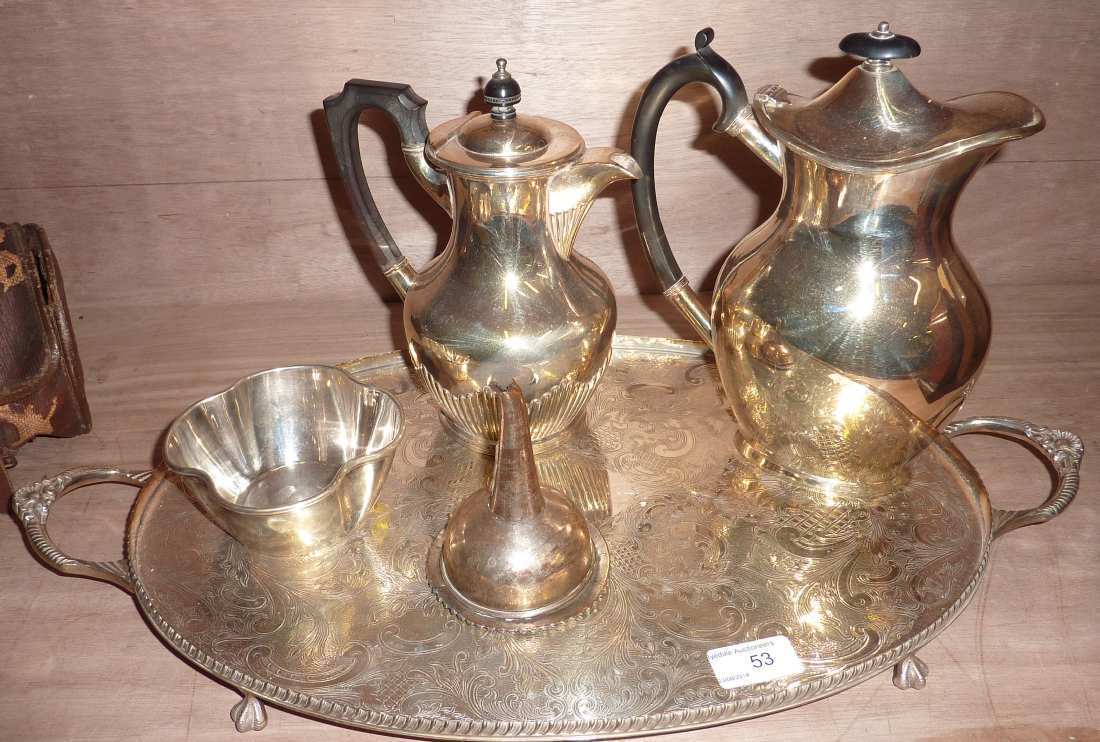 Selection of silver plate including tray, coffee pots, wine funnel etc.