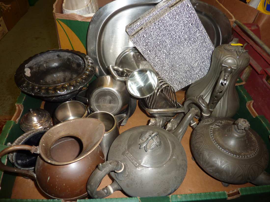 Pewter tea and coffee pot, silver plated salts etc