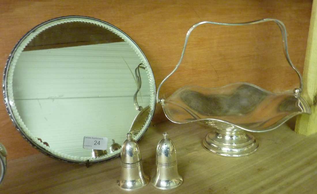 Silver plated mirror tray, basket and cruet set