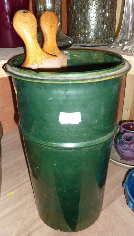 Large green glazed vase/stick stand and 2 parts 2 boot trees