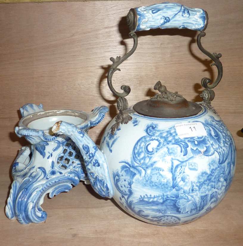 18/19thC Delft blue and white teapot with metal mounts and swing handle with removable lid with