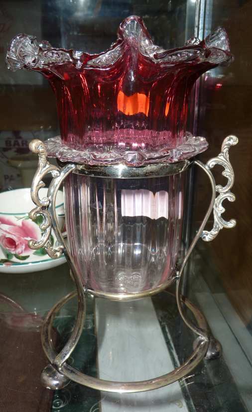 Cranberry glass vase in silver plated mount