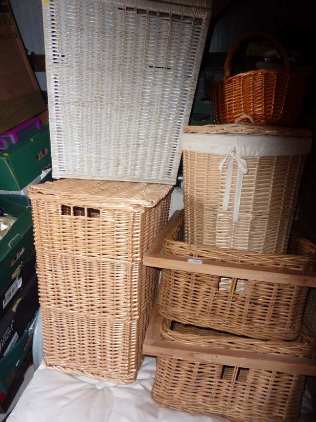 Large selection of various wicker baskets, laundry baskets etc