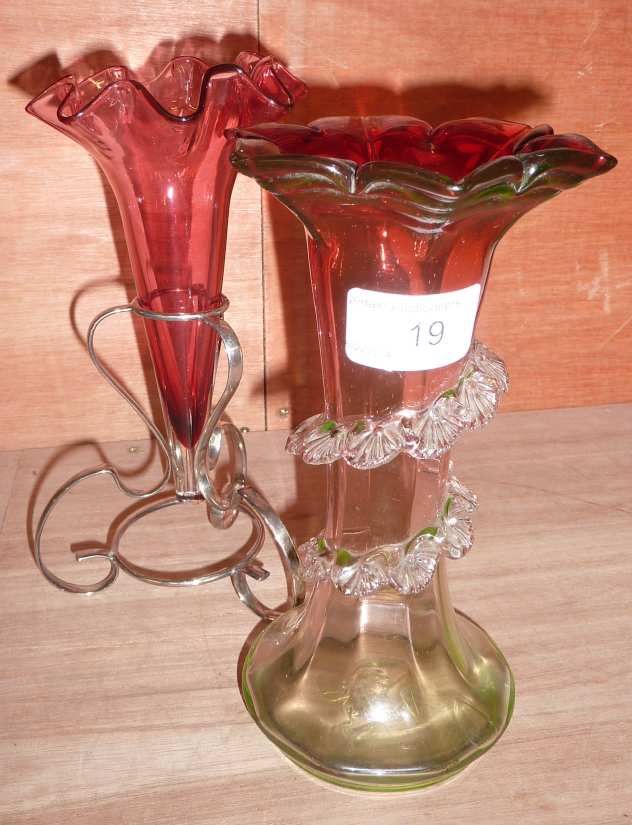 Cranberry glass vase with clear glass prunts and cranberry glass single epergne in silver plated