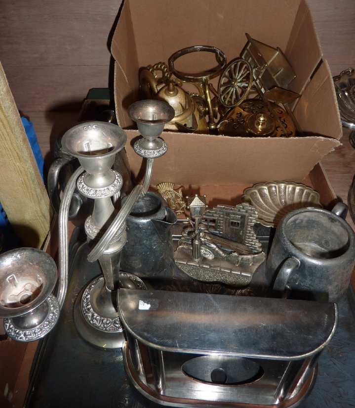 Silver plated candlesticks, brassware and other metalware in two boxes