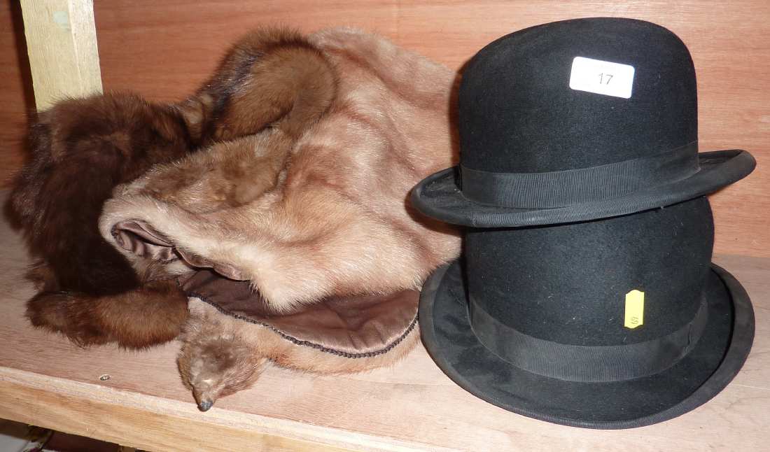 Selection of mink stoles and two bowler hats