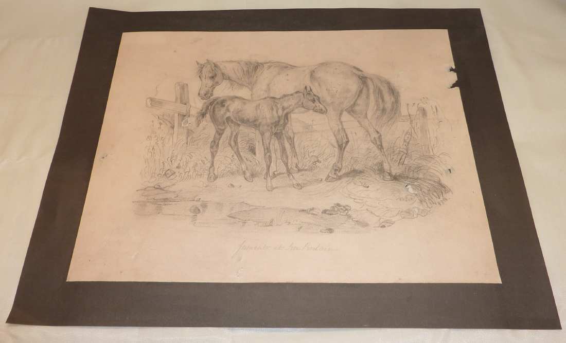 Pencil sketch of mare and foal in country setting inscribed Jument Et Son Poulain