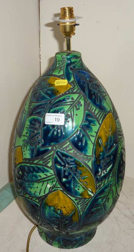 Large studio pottery lamp base, with leaf pattern design.