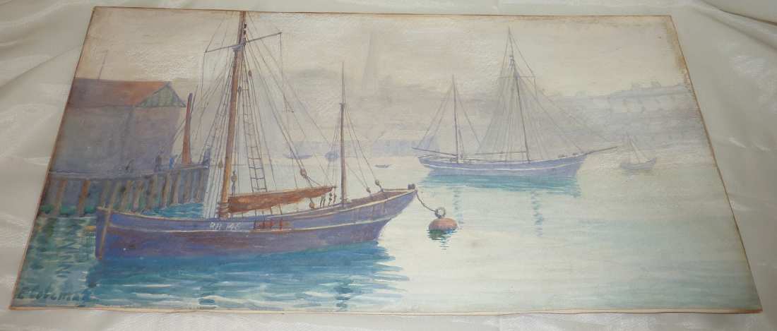 Unframed watercolour on board depicting sailing boats in harbour signed E.Coleman