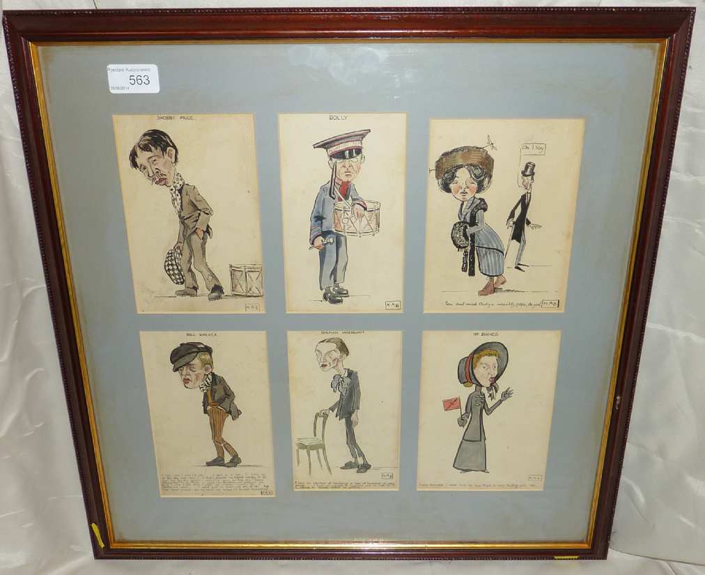 Framed set of six humorous sketches with inscriptions, each with monogram signature M.A.B