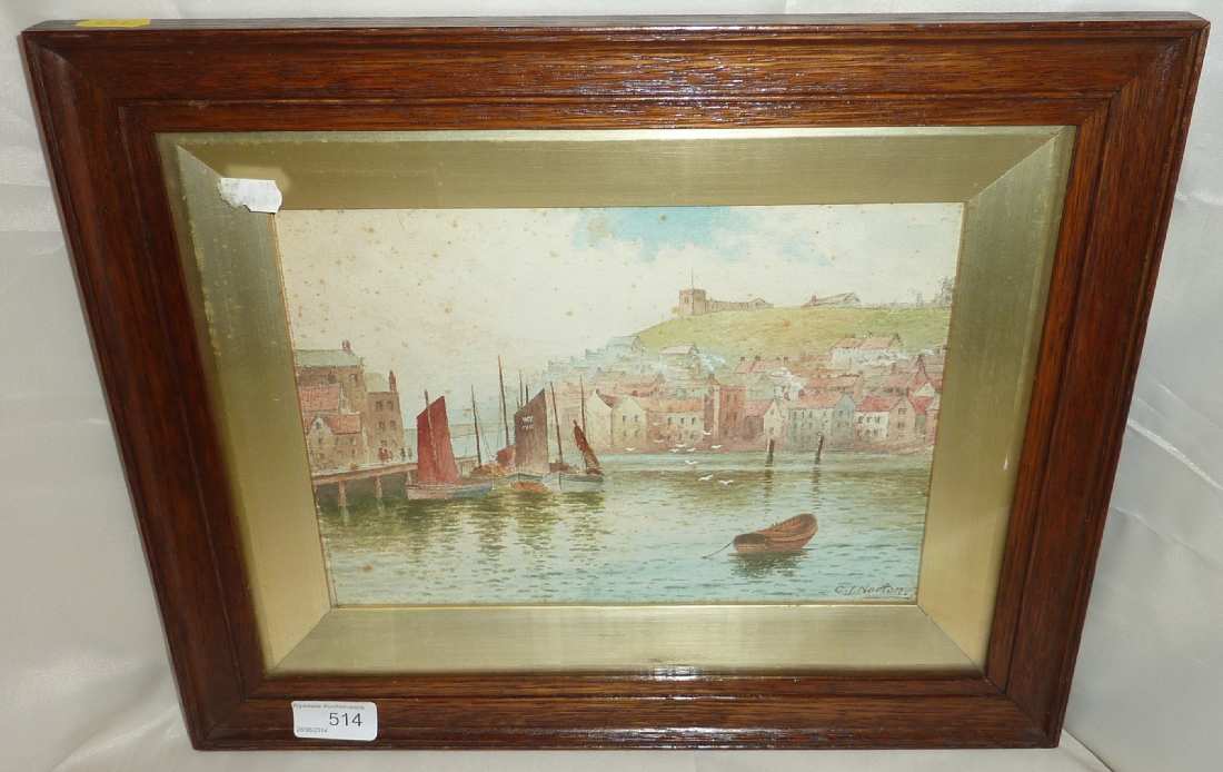 Oak and gilt framed signed watercolour by C J Norton "Whitby Harbour"