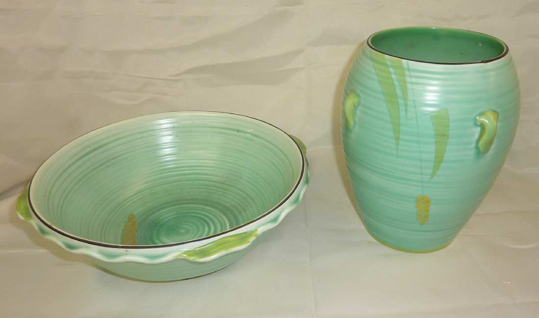 Early 20thC green glaze vase and matching bowl with impressed number to the base