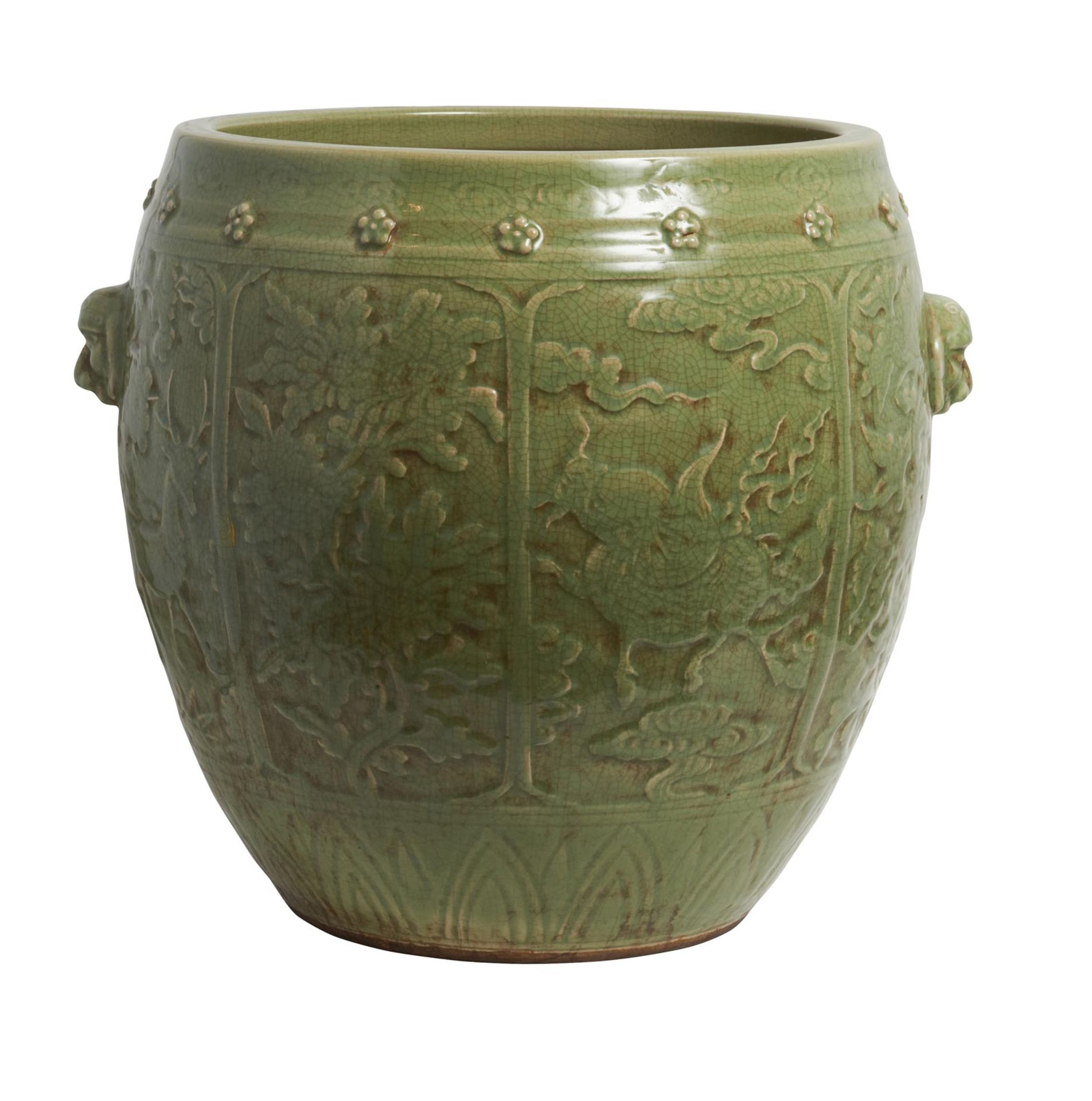 CHINESE CACHEPOT 19th CENTURY Dinastía Qing. En porcelana celadón policromada en verde, 48 cm. alt.