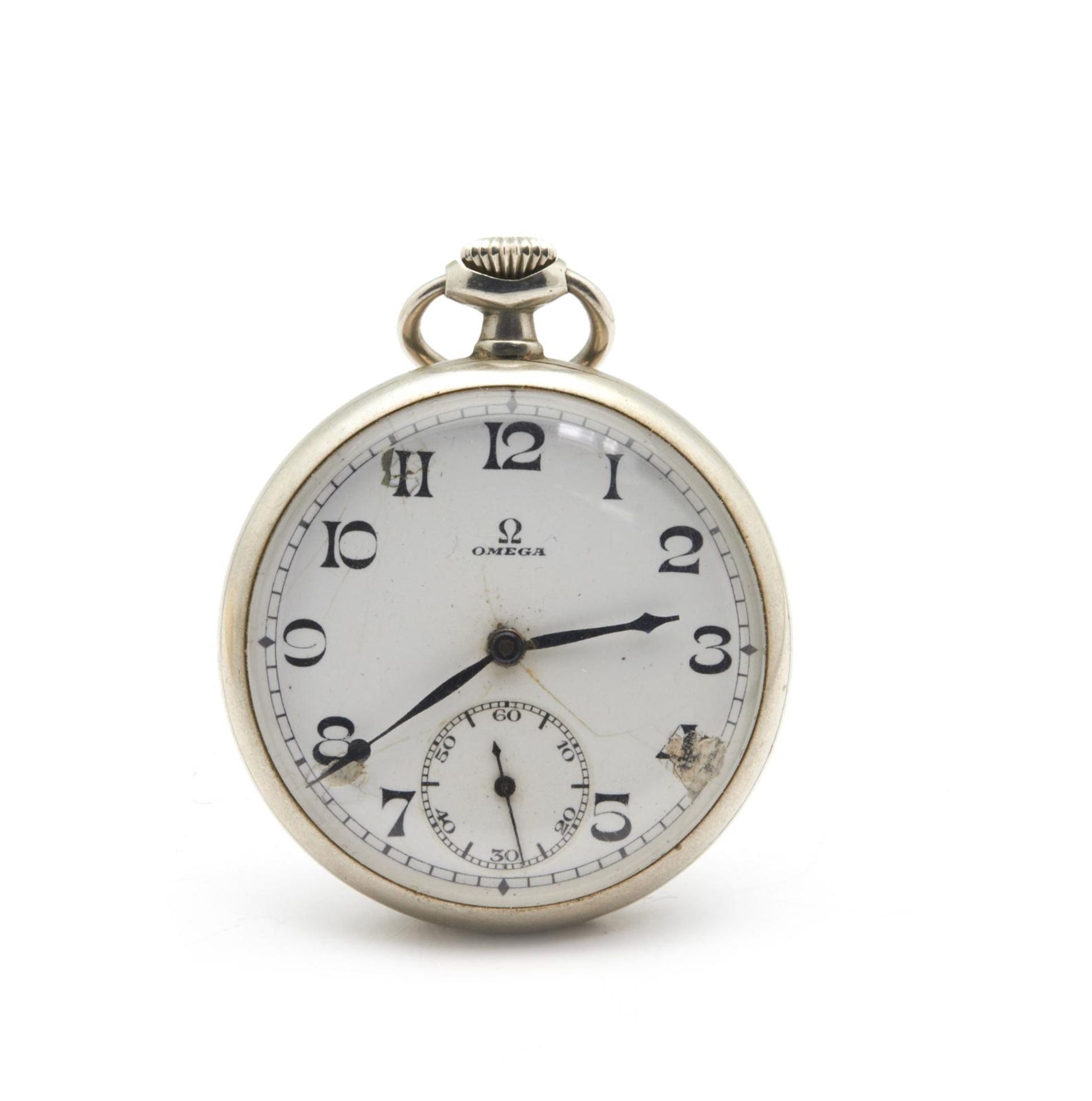 POCKET WATCH 20th CENTURY Omega. Sistema Remontoir, esfera vista en porcelana esmaltada con