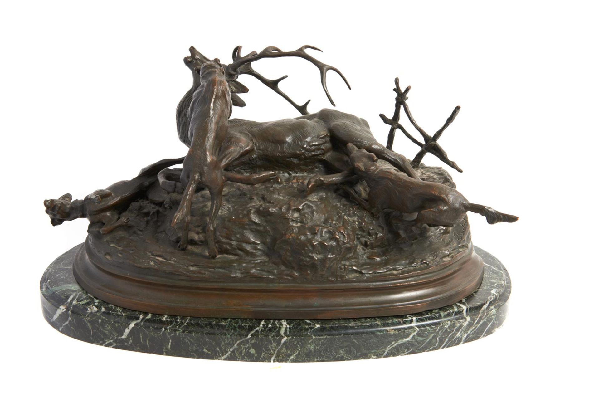 FERDINAND PAUTROT (Francia, 1832-1874). ""Lobos atacando un ciervo"", escultura en bronce, 31x57