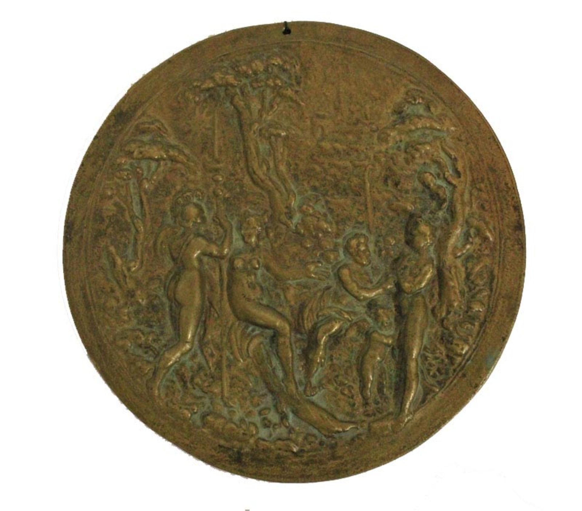 ITALIAN SCHOOL 17th CENTURY Placa en bronce trabajado, 13 cm. diám. Representación de escena