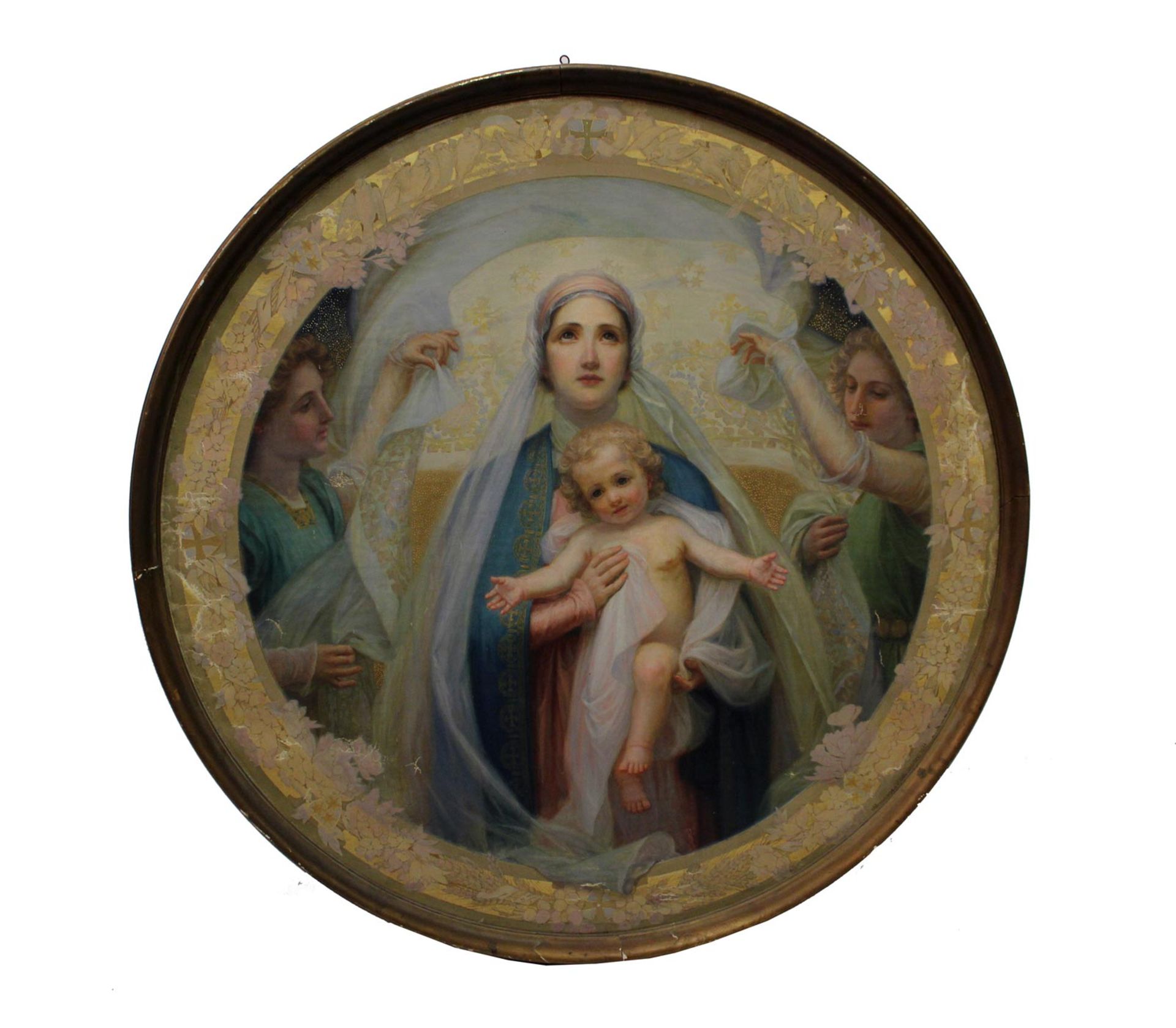 ENRIC MONSERDÀ I VIDAL (Barcelona 1850-1926). ""Virgen con ángeles"", óleo sobre lienzo, 108x104