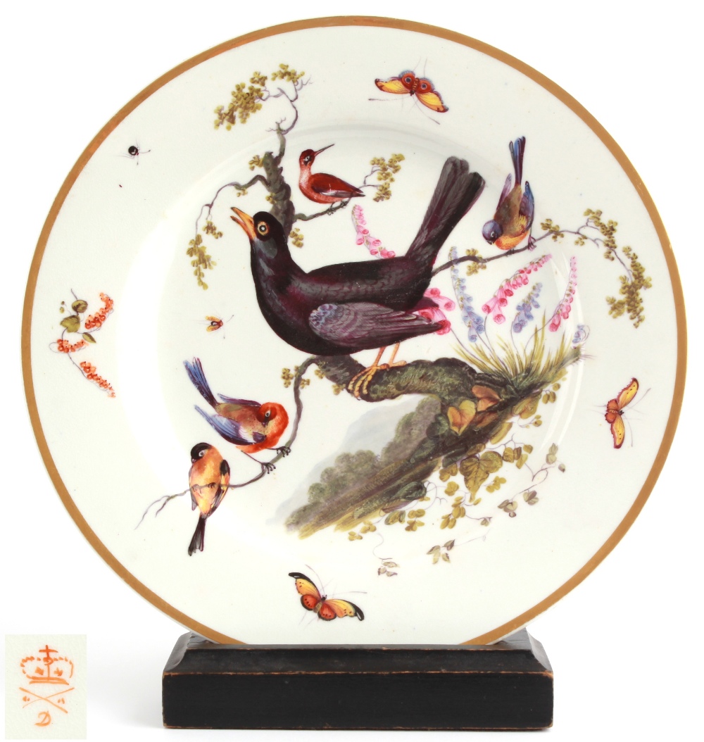 Property of a lady - an early C19th Derby ornithological plate, circa 1815, red painted crowned D &