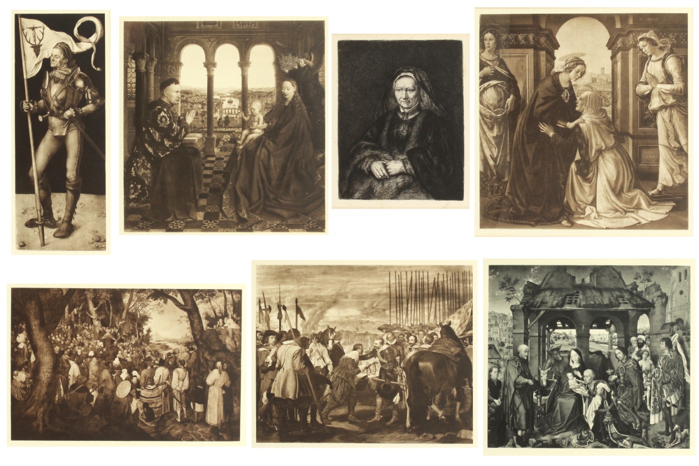 Property of a lady - a group of seven monochrome prints after Old Masters, in matching modern