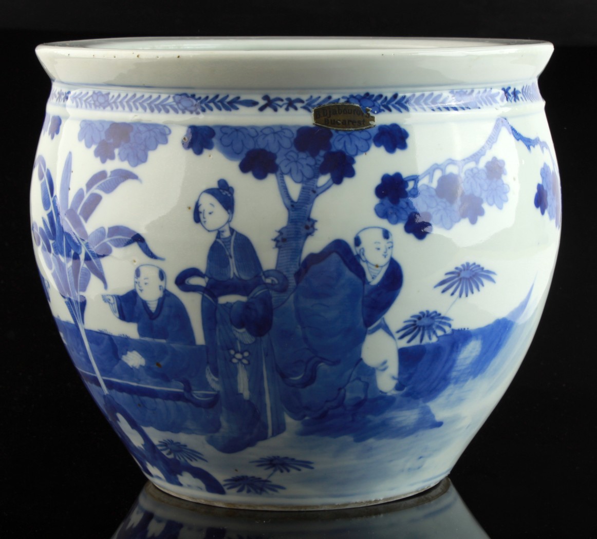 Property of a lady - a Chinese blue & white jardiniere or fish bowl, C19th, painted with ladies and