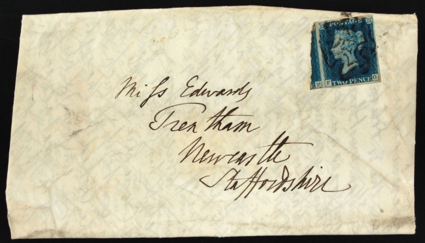 Property of a gentleman of title - philately - 1840 2d blue entire, 4 margins, black Maltese Cross,