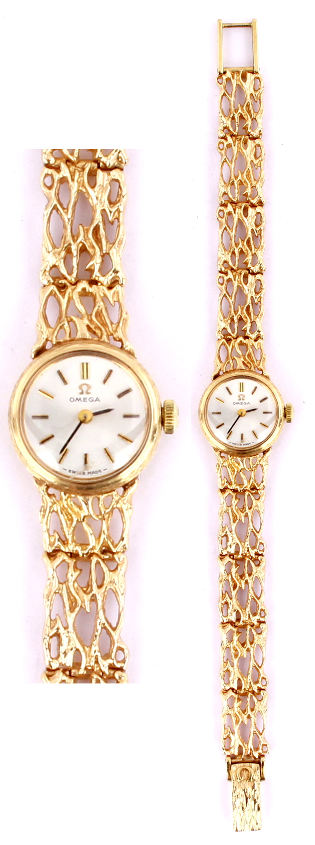 Property of a lady - a lady`s Omega 9ct gold cased wristwatch on 9ct gold pierced bracelet strap (