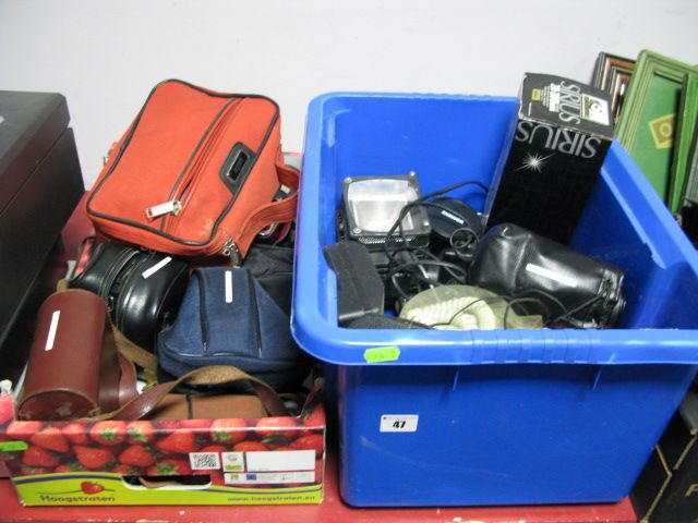 Nikon F-30i Camera and Lens, Pracktica MTL5 camera, Canon T70 camera, other cameras and a box