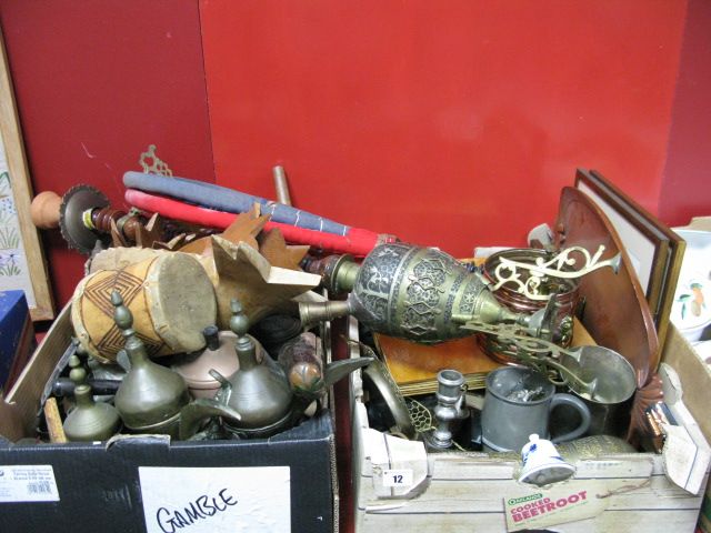 Carved Wooden Bowls, souvenirs, brassware, boomerang etc:- Two Boxes; plus a Hookah Pipe on stand.