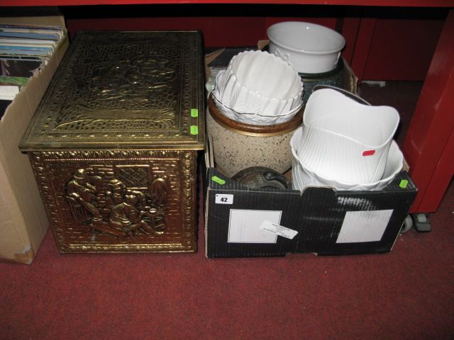 A Brass Coal Box, with embossed decoration, together with a collection of planters.