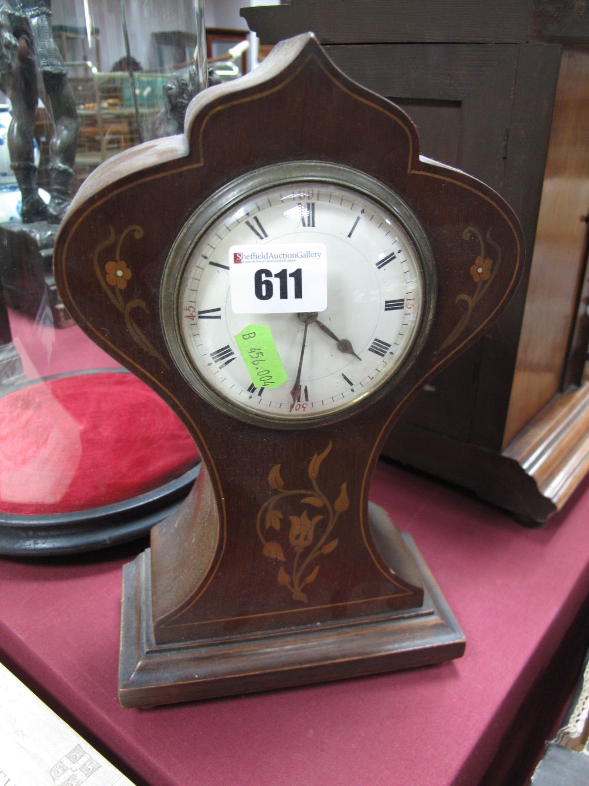 Edwardian Inlaid Mahogany Mantel Clock, with waisted body, black Roman numerals to white enamel