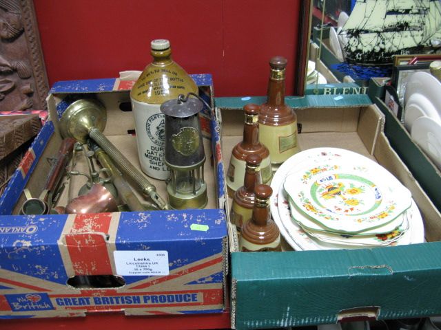 Brass Miners Lamp, stoneware bottle, brass scales, hat iron, Wade, whisky bottles, meat plates,