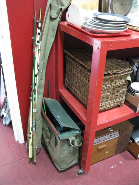 Vintage Fishing Equipment, including a canvas box seat, a wicker box seat, reels, rods, etc.