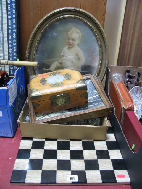 A Marble Chess Set, stylised geometric pieces, a trinket box with inset jadesque oval lid, an ink