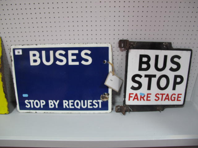 Two Original Enamel UK Bus Stop Signs, one blue with letters reading `Buses Stop by Request`.