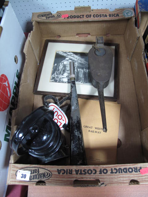 A Small Quantity of Railwayana, including an LNER lamp, BR enamel arm band, oil can, among other