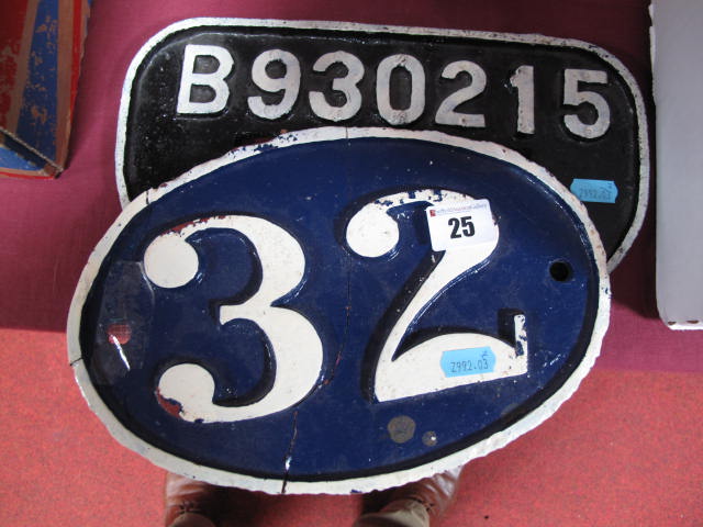 Two Cast-Iron Railway Plates: Wagon plate no.32 and bridge plate B930215, Shildon 1949. Wagon