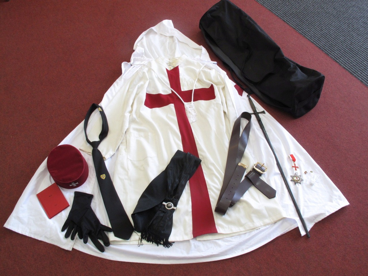 Masonic Regalia - Knights Templar white tunic, mantle and cap, ceremonial sword, belt, collar,