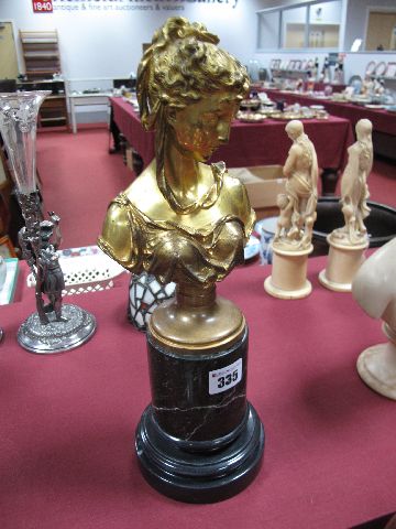 A Late XIX Century Ormolu Bust of a Young Woman, on a socle plinth and marble and slate pedestal,