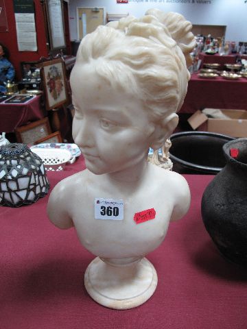 A Late XIX Century Continental Alabaster Bust of a Young Girl, on a socle plinth, 33cms high.