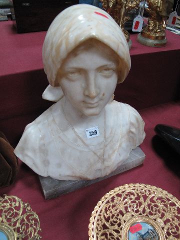 A Late XIX Century Italian Alabaster Bust, Jeanne D`Arc, on a rectangular alabaster plinth,