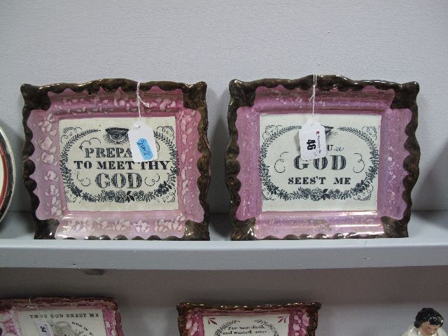 A Pair of Early XIX Century Sunderland Lustre Moralising Plaques, of shaped rectangular form, one