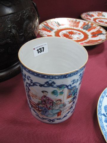 An Early XIX Century Chinese Famille Rose Porcelain Mug, reserved with a family group in a