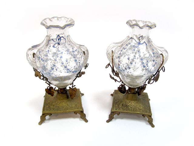 A Pair of Early XX Century French Enamelled Glass Vases, of two-handled baluster form, decorated