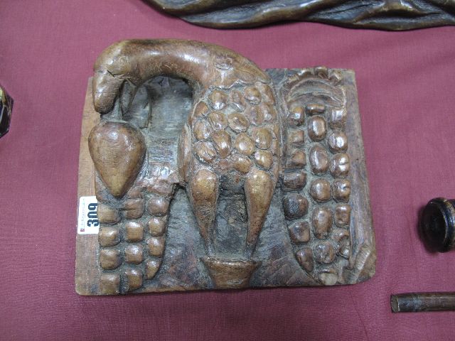 A Continental XV Century Style Carved Wood Rectangular Panel, depicting a bird, its wings