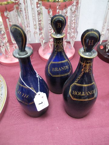 A Pair of Late George III Bristol Blue Glass Spirit Decanters, of mallet form, each with a lozenge