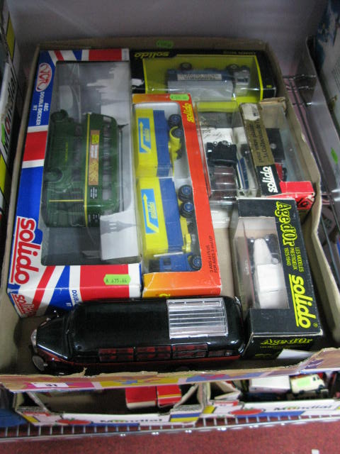 Six Solido Diecast Vehicles, mainly commercials, boxed with wear to boxes. Also, one unboxed NZG