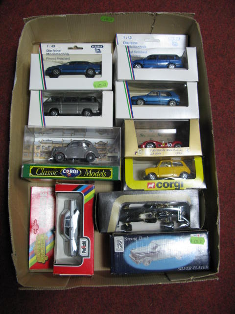 Ten Modern Diecast Vehicles, Corgi, Brumm, Schabak (4 VW`s) and silver plated Rolls Royce money