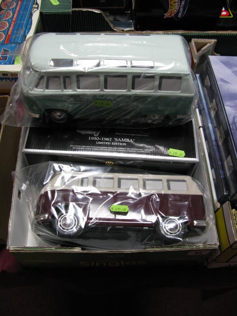 Two Modern Ichiko Tinplate VW ""Samba"" Split-screen Mini Buses, turquoise and magenta. Boxed