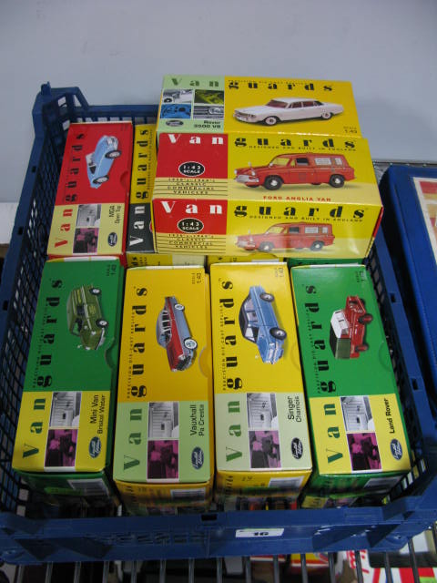 Ten Boxed 1:43 Scale Diecast Vanguards Vehicles, including Rover 3500 V8 and Ford Anglia van.